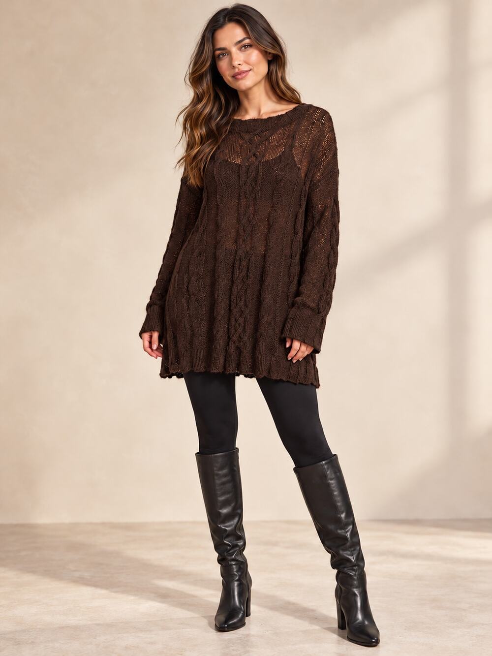 ASARBOLSEM 100% Alpaca Cable Knit Oversized Sweater Dress Bolivia Brown L/XL
